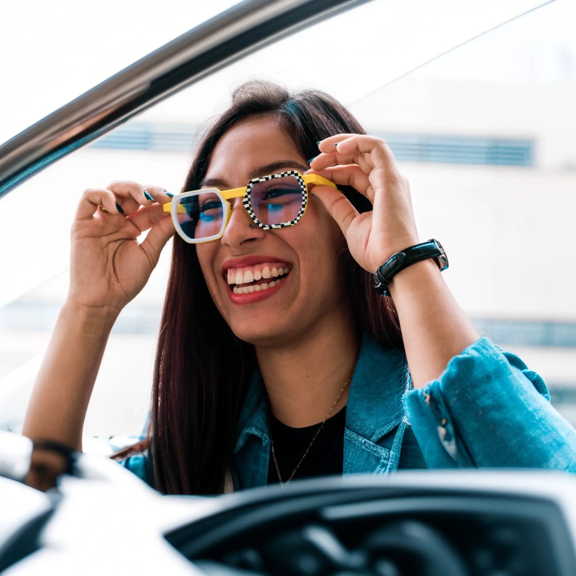 Model wearing VoyueLens™ Checkerboard Yellow frames, exuding bold personality and individualism